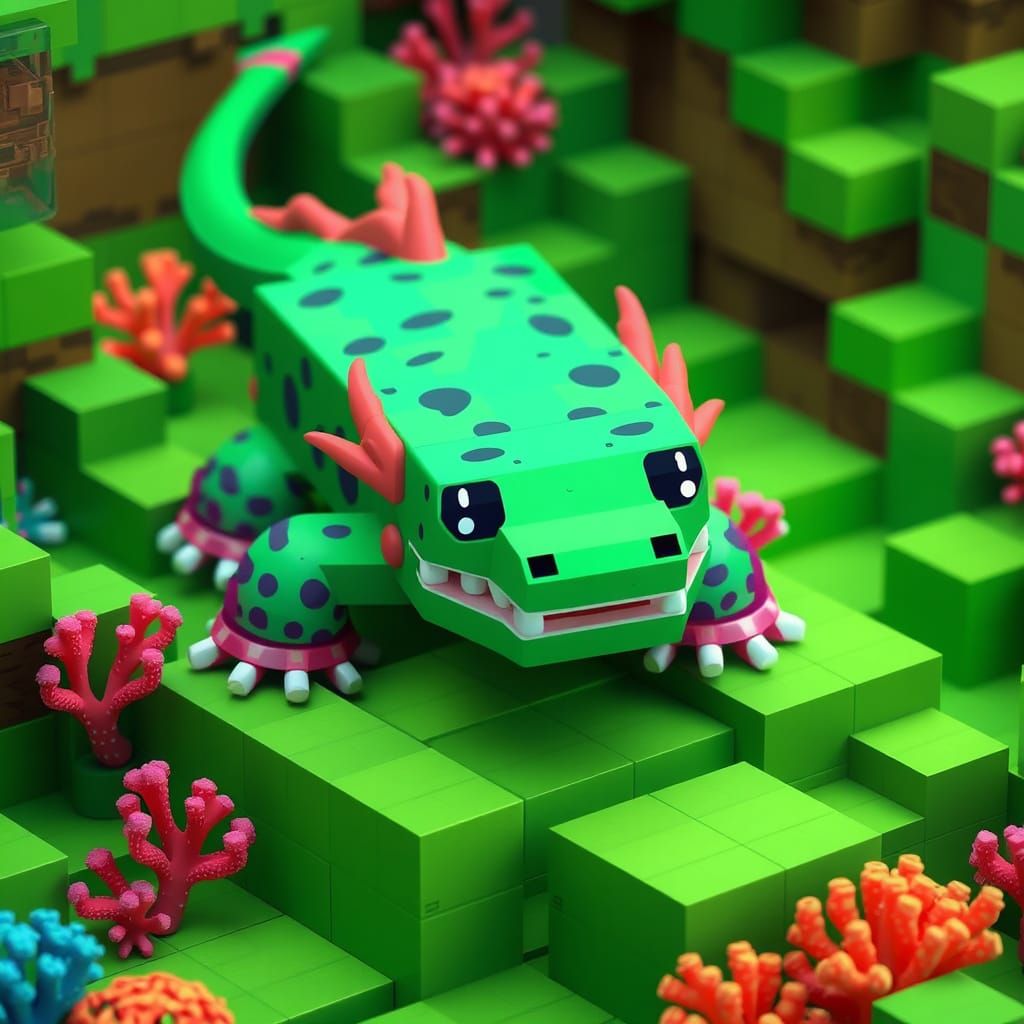 Vibrant Axolotl in a Pixelated Minecraft Wonderland