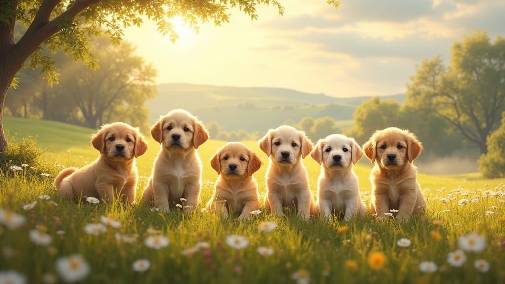 Puppies in Meadow Sanctuary: Fantasy Cottage Scene