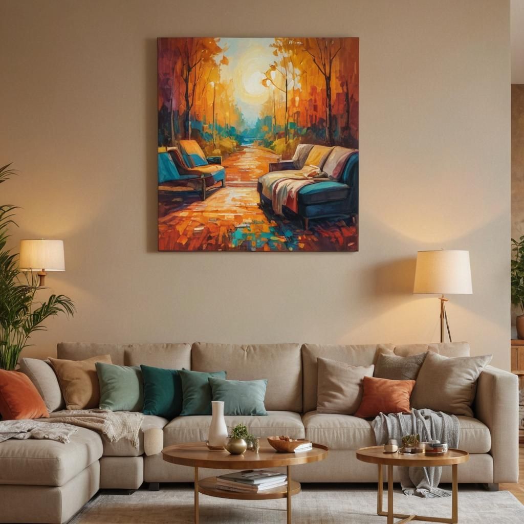 Cozy Living Room with Impressionist-Style Painting