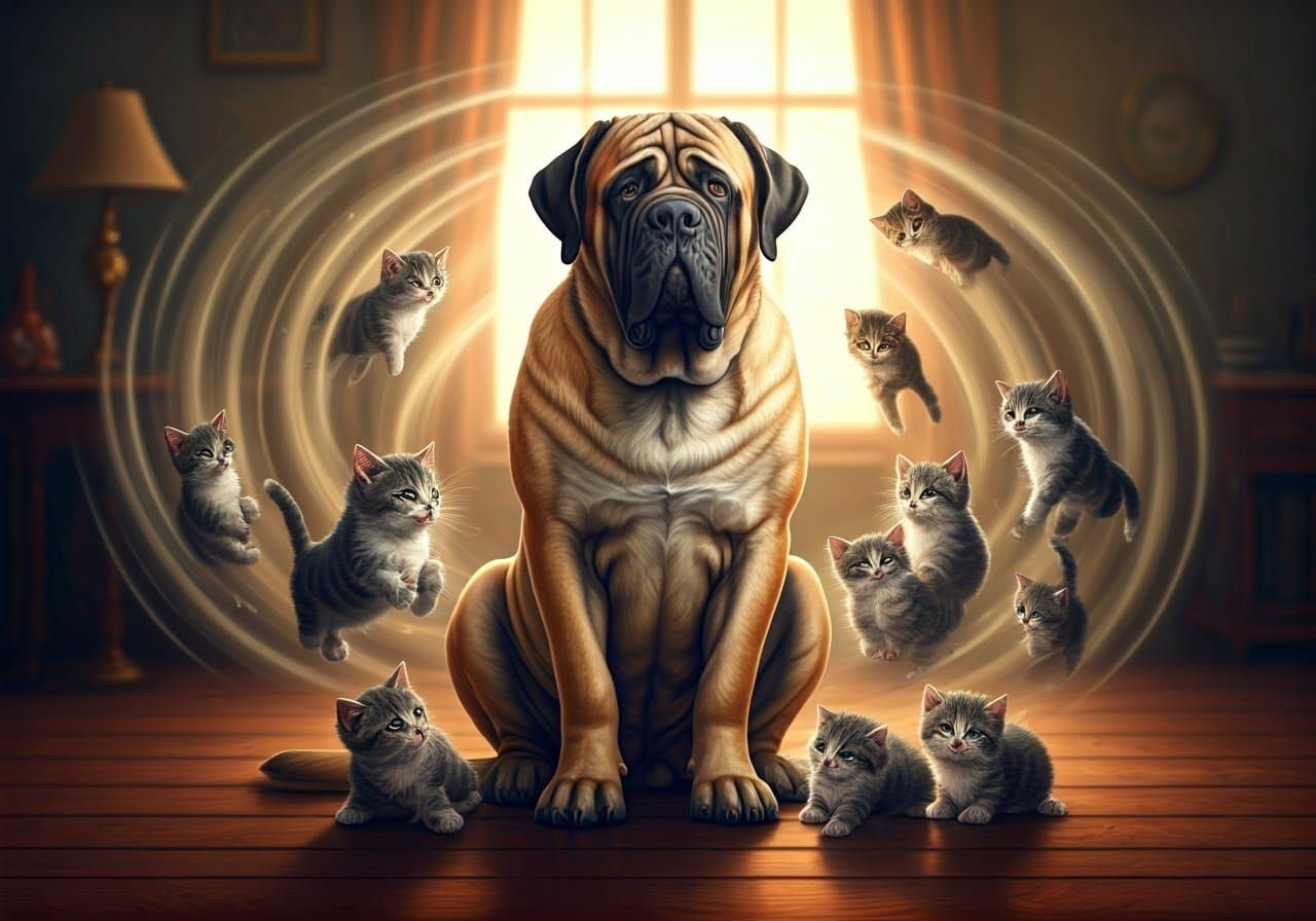 Gentle Mastiff and Kitten Chaos: Whimsical Watercolor Art