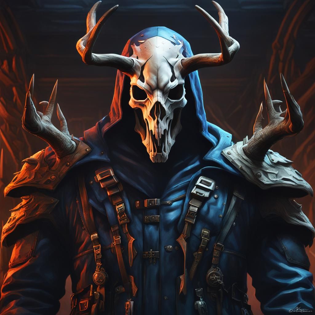 Cybernetic Soldier with Deer Skull Mask in Neon Room