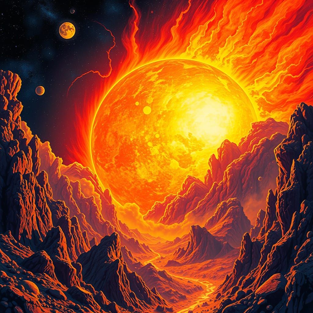 Exploding Sun in Cosmic Landscape, Digital Art