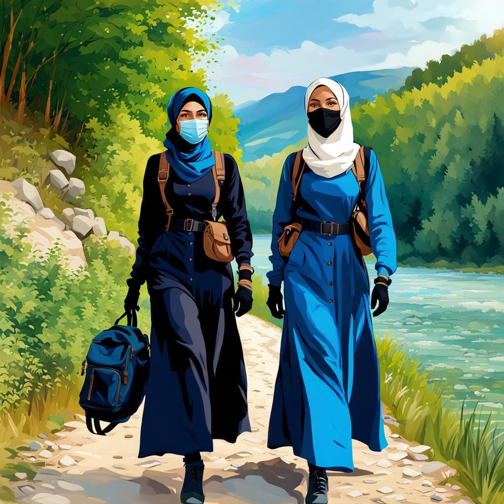 Women Hiking Rhine River in Splash Art Style