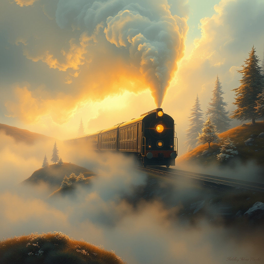 Mystical Train Vanishing into Ethereal Mist