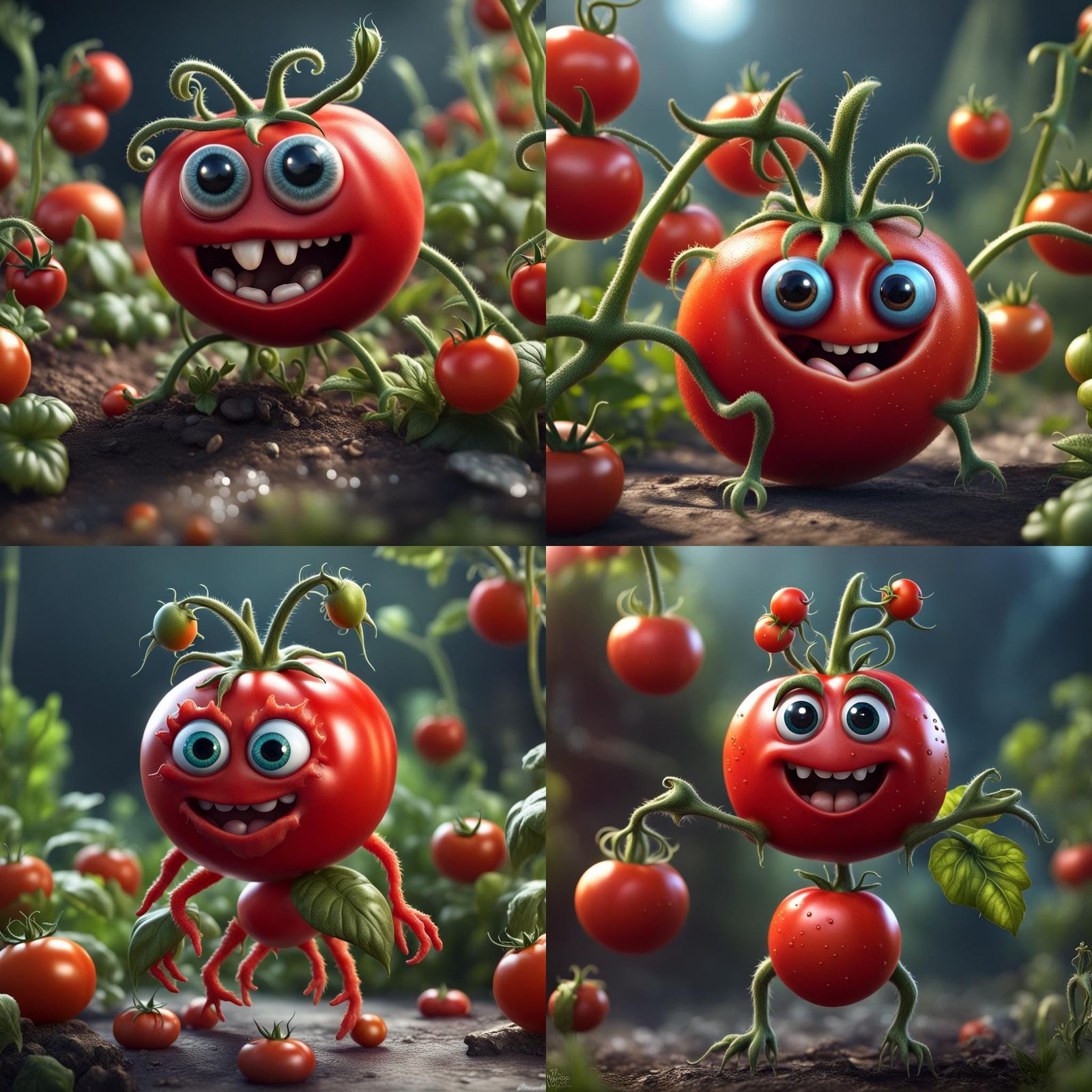 Photorealistic Tomato Creature with Flowers, Detailed Art