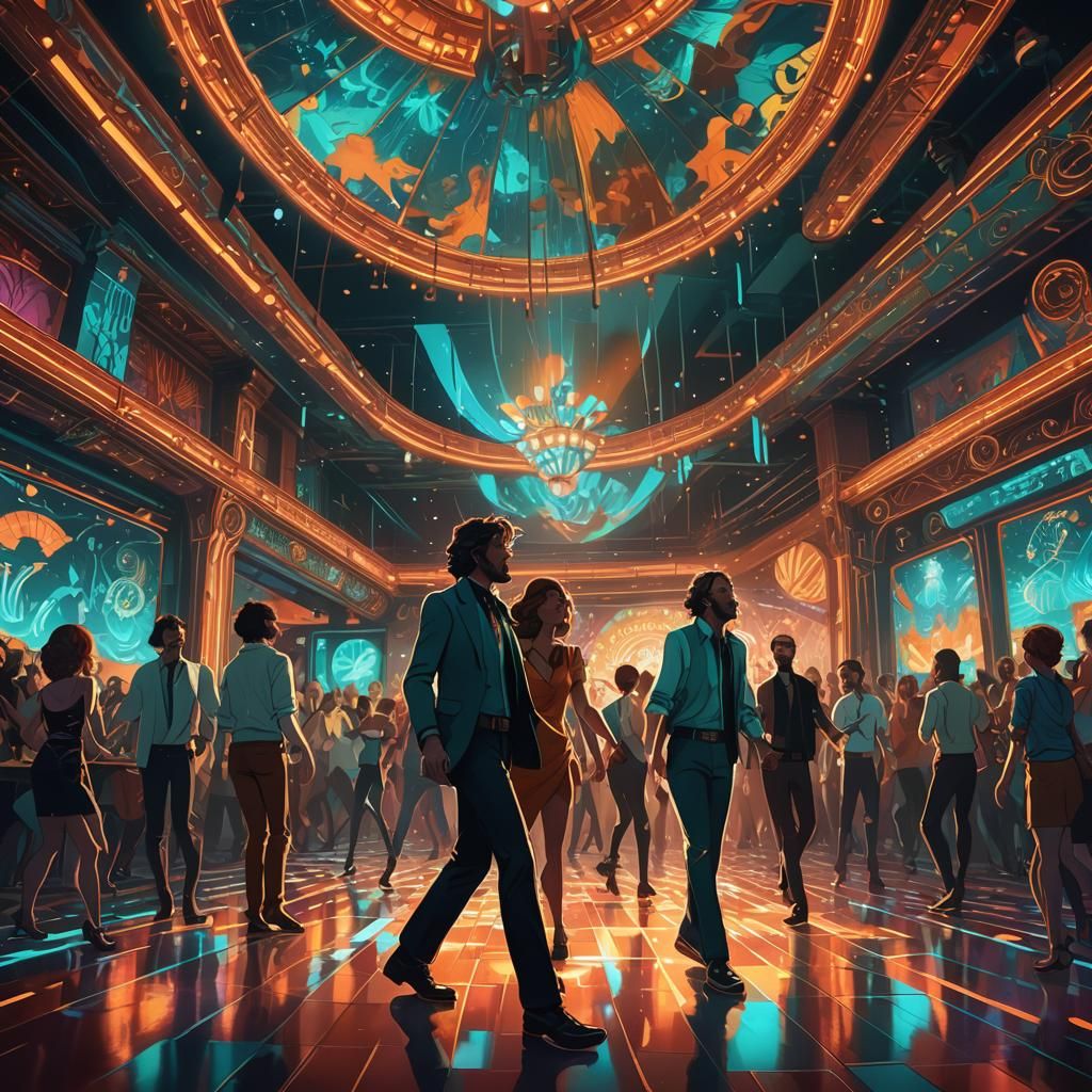 Neon Disco Hall in Art Nouveau Style