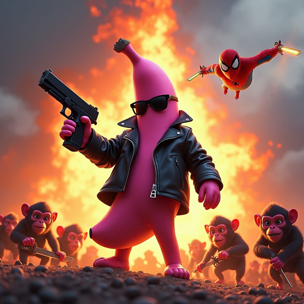 Heroic Pink Banana Leads Monkey Army