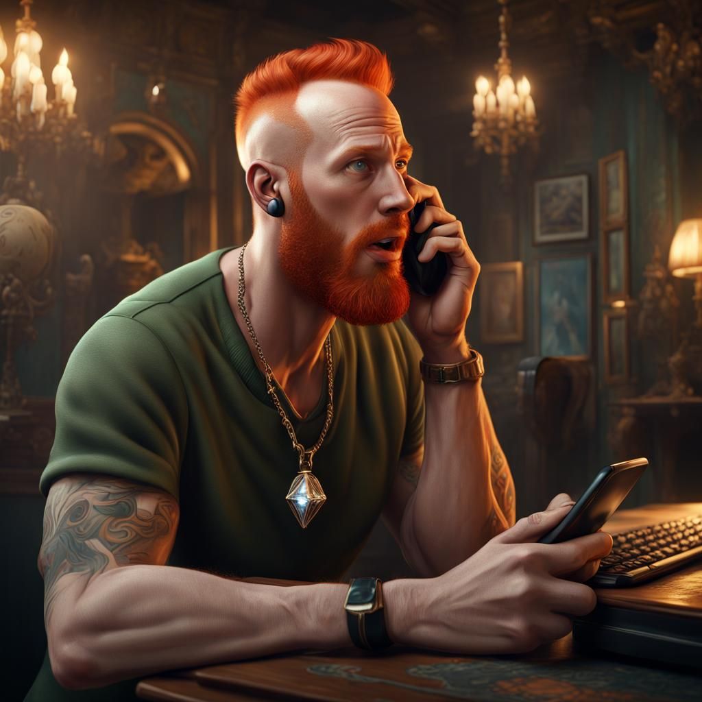Shocked Bald Man Answers Phone: Fantasy Concept Art