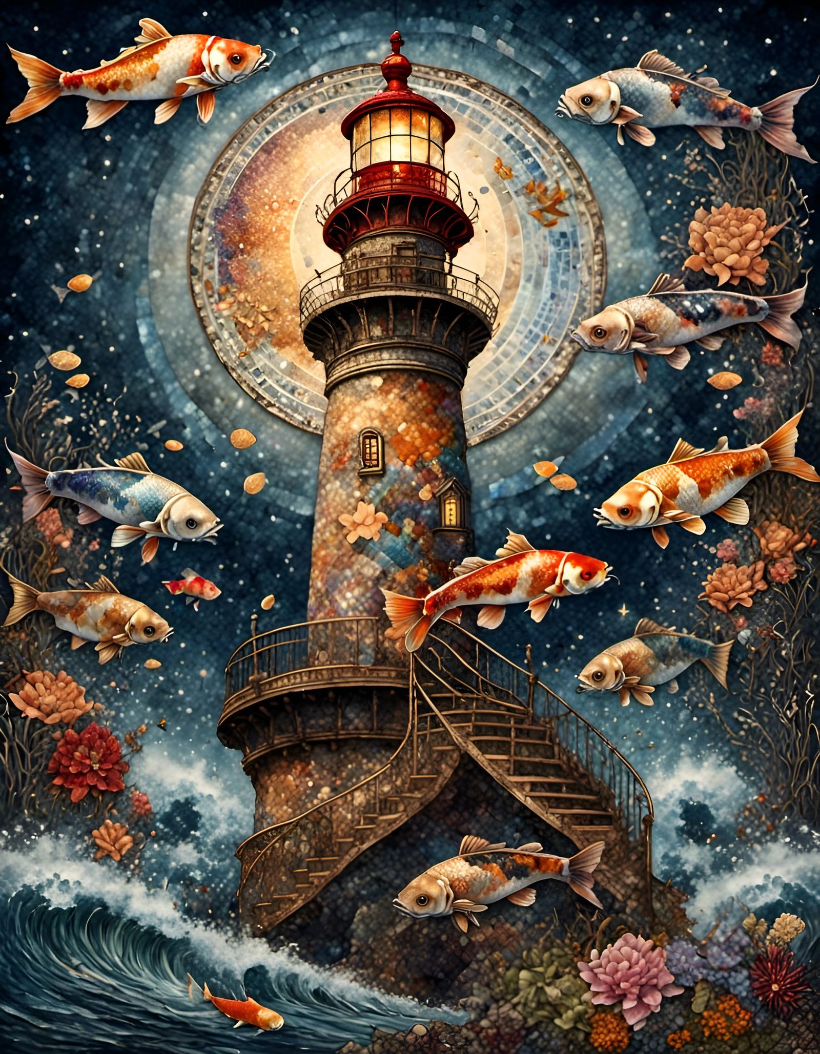 Stardust Koi Fish Lighthouse in Surreal Landscape