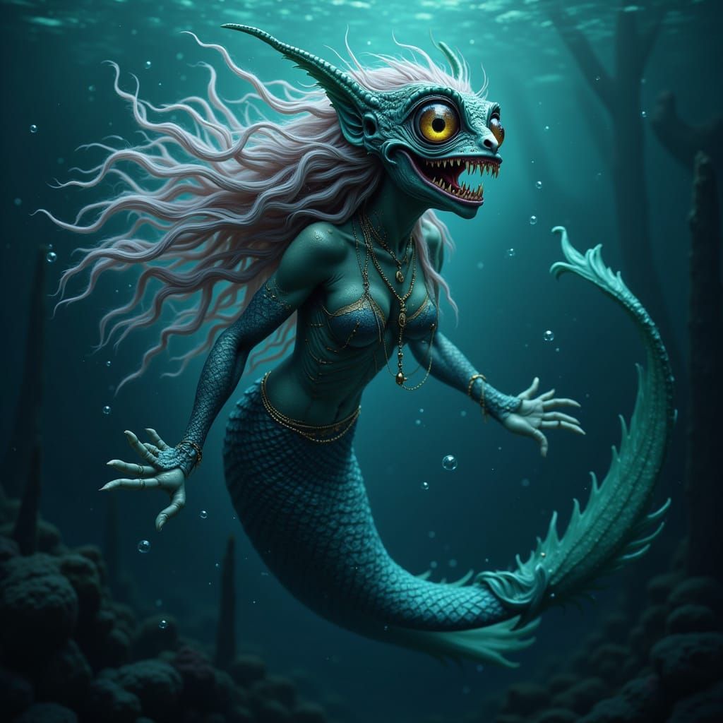 Bioluminescent Deep Sea Demon Mermaid with Gills and Fangs
