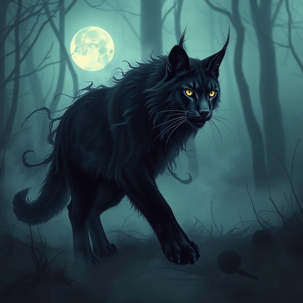 Mysterious, Dark-Furred Lynx in Abstract, Swirling Patterns