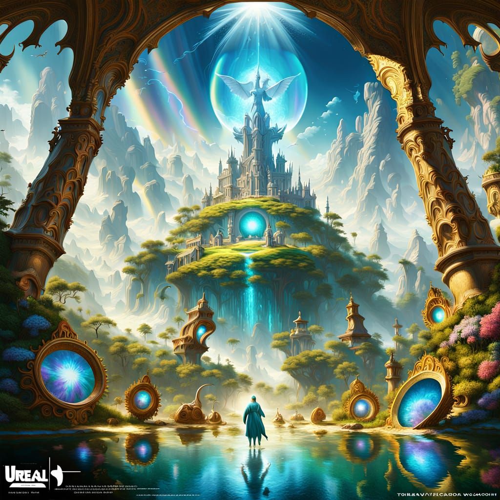 Surreal Utopian Landscape with Glowing Apple Tree