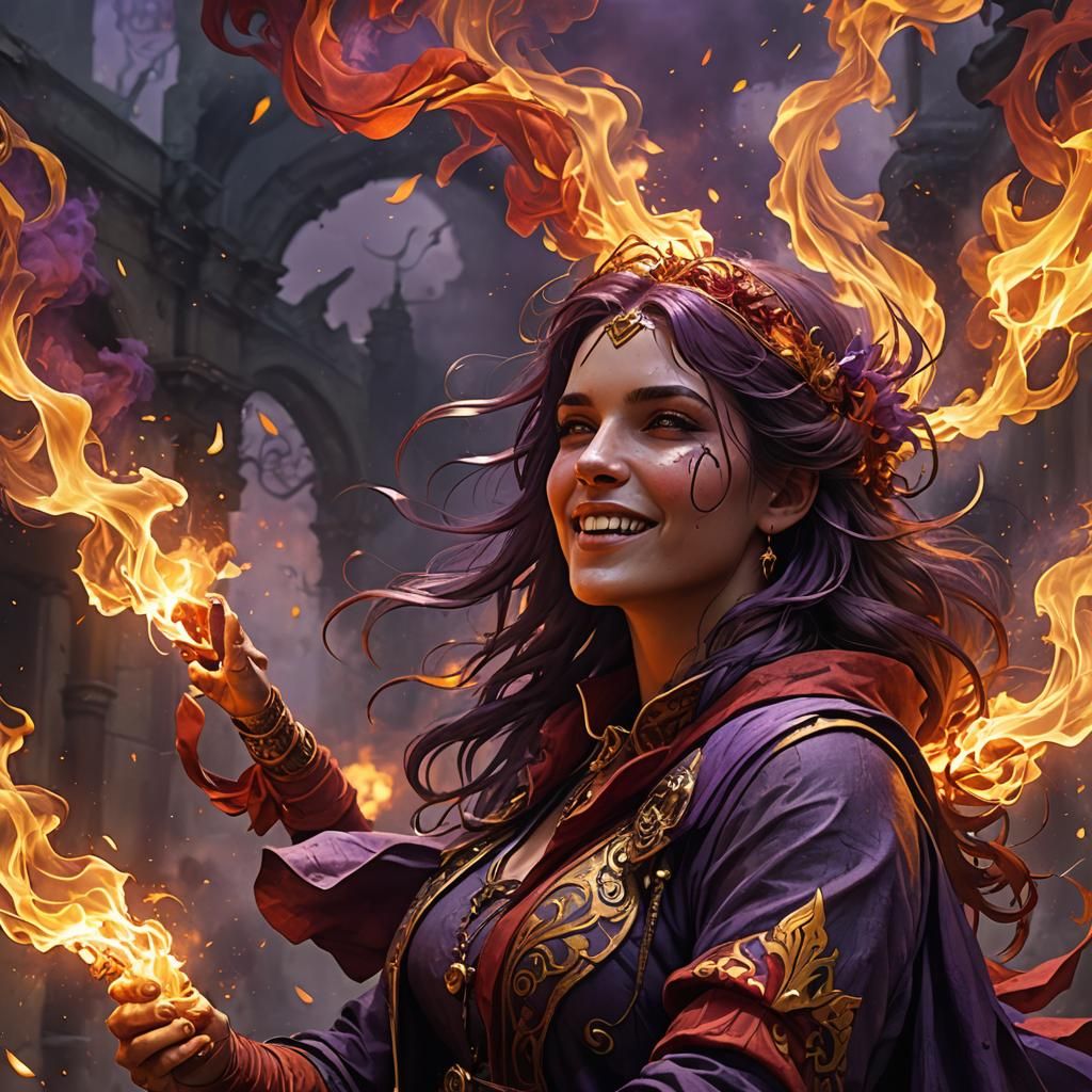 Happy Girl in Fiery, Detailed Dark Fantasy Art