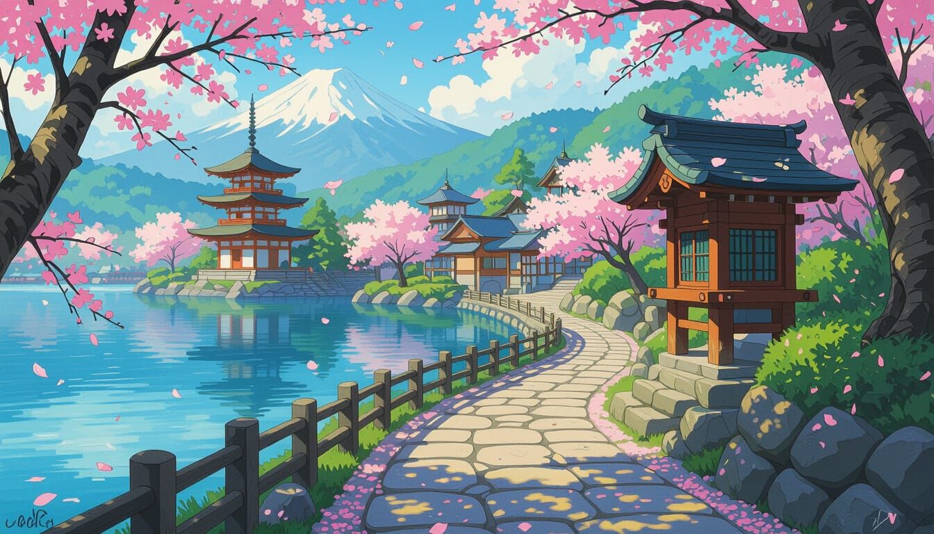 Tranquil Japanese Village Beside Lake with Pagoda
