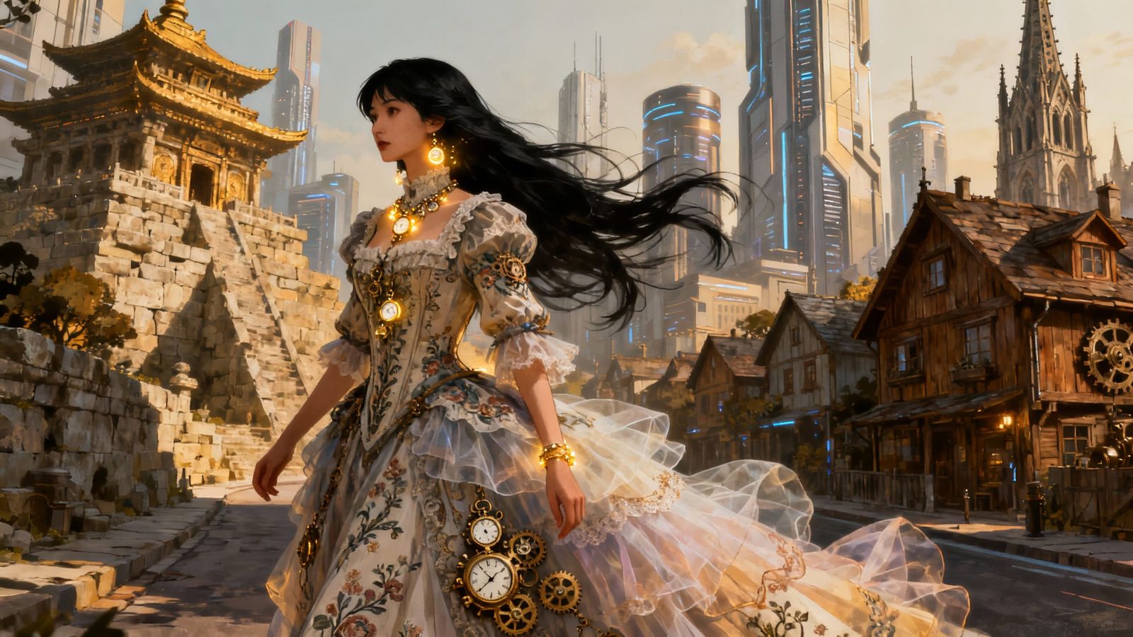 Victorian Woman Walks Through Eclectic Cityscape