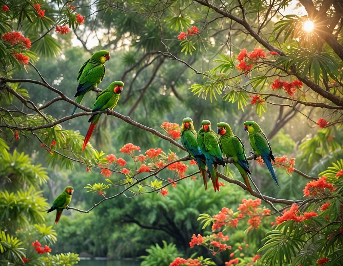 Australian Parrots Around Blooming Poinciana Tree