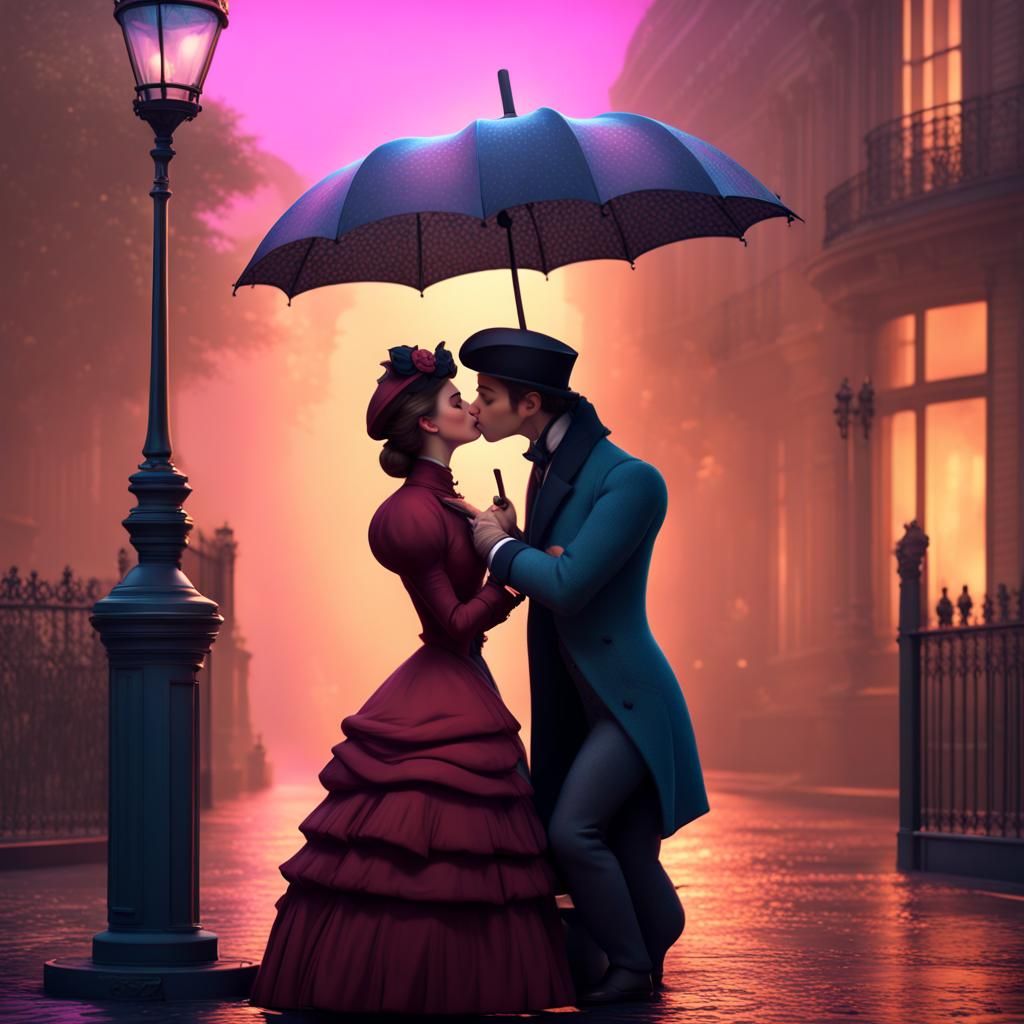 Victorian Couple Kissing in Pixar-Style 3D Art