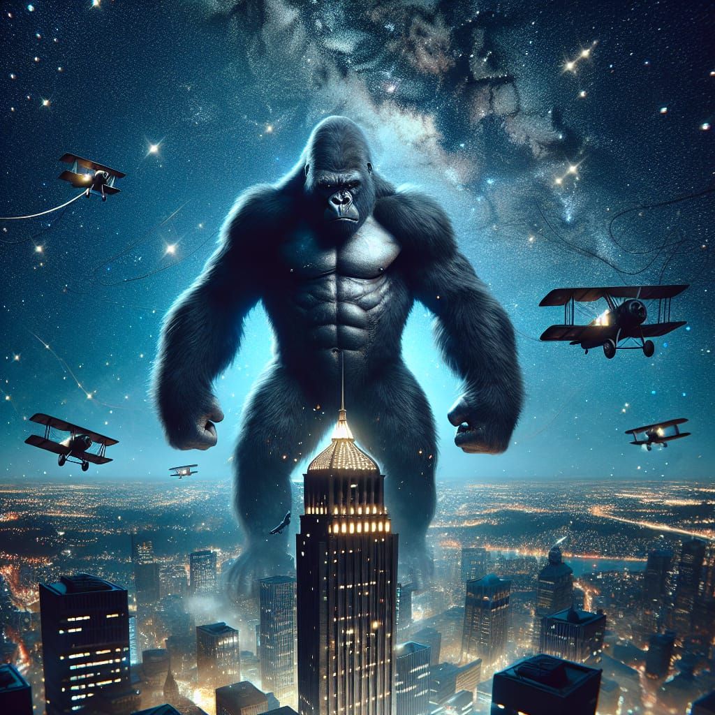 Giant Gorilla Dominates Skyscraper Under Starry Sky