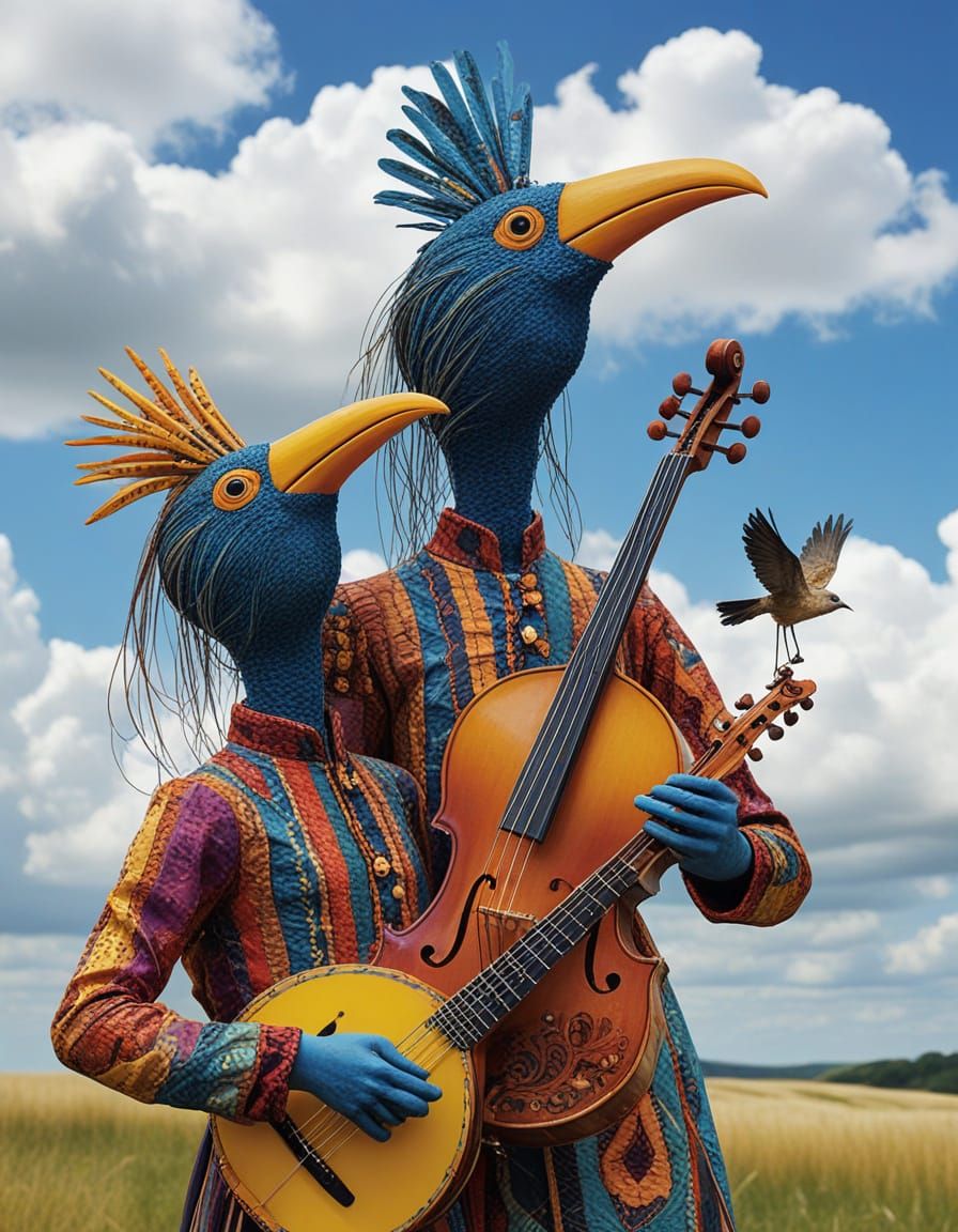 Surreal Whimsical Figures Performing with Bird Features
