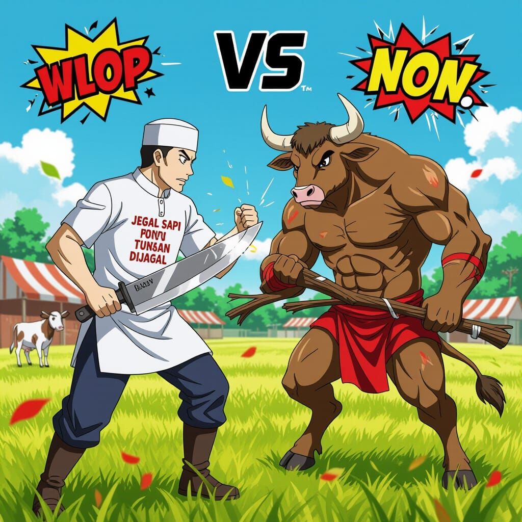 Butcher vs. Minotaur Cow in Anime Style