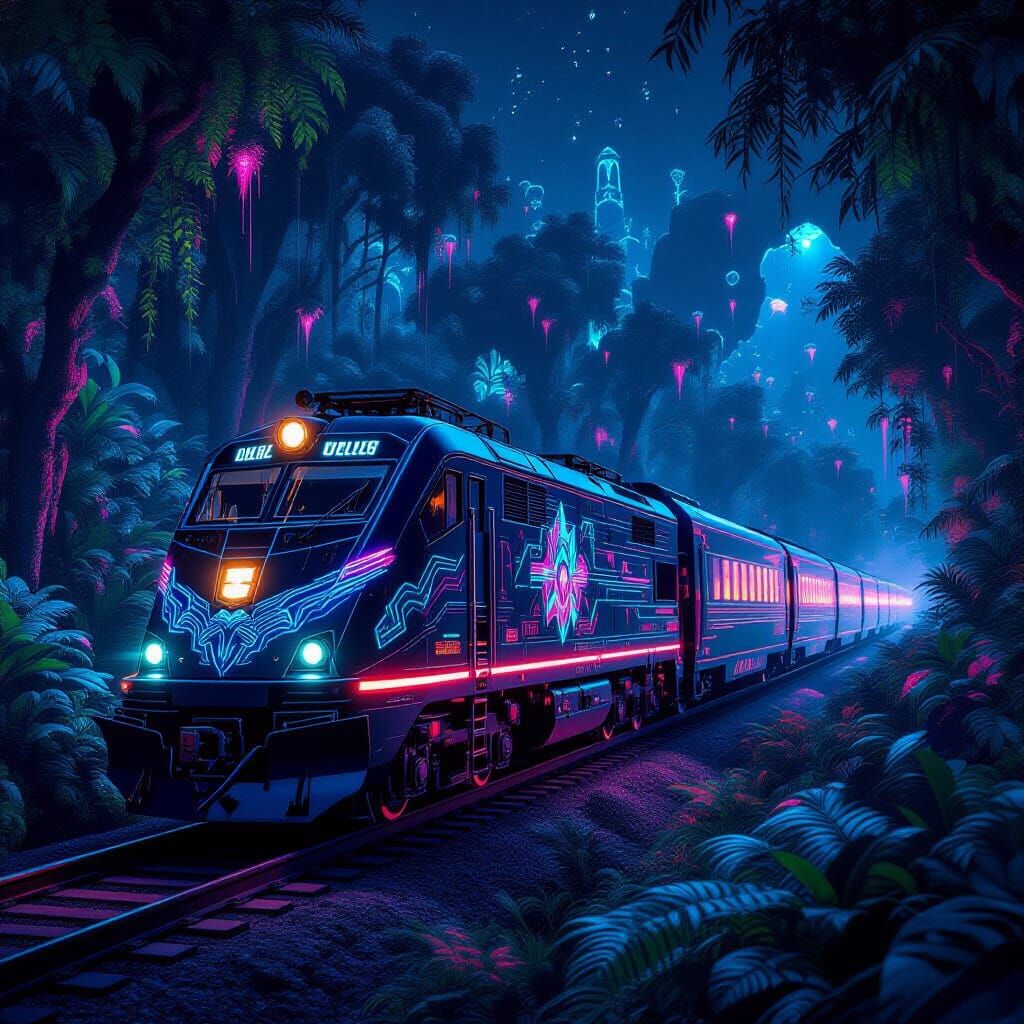 Cyberpunk Train in Bioluminescent Jungle, Futuristic Art