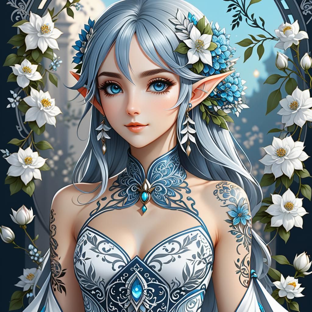 Enchanting Elf Girl with Zentangle Florals in Anime Style