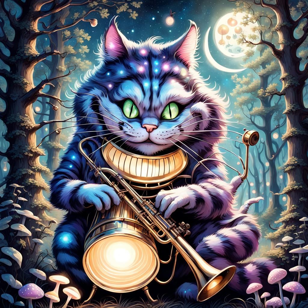 Steampunk Cheshire Cat Trombone Serenade in Fantasy Forest