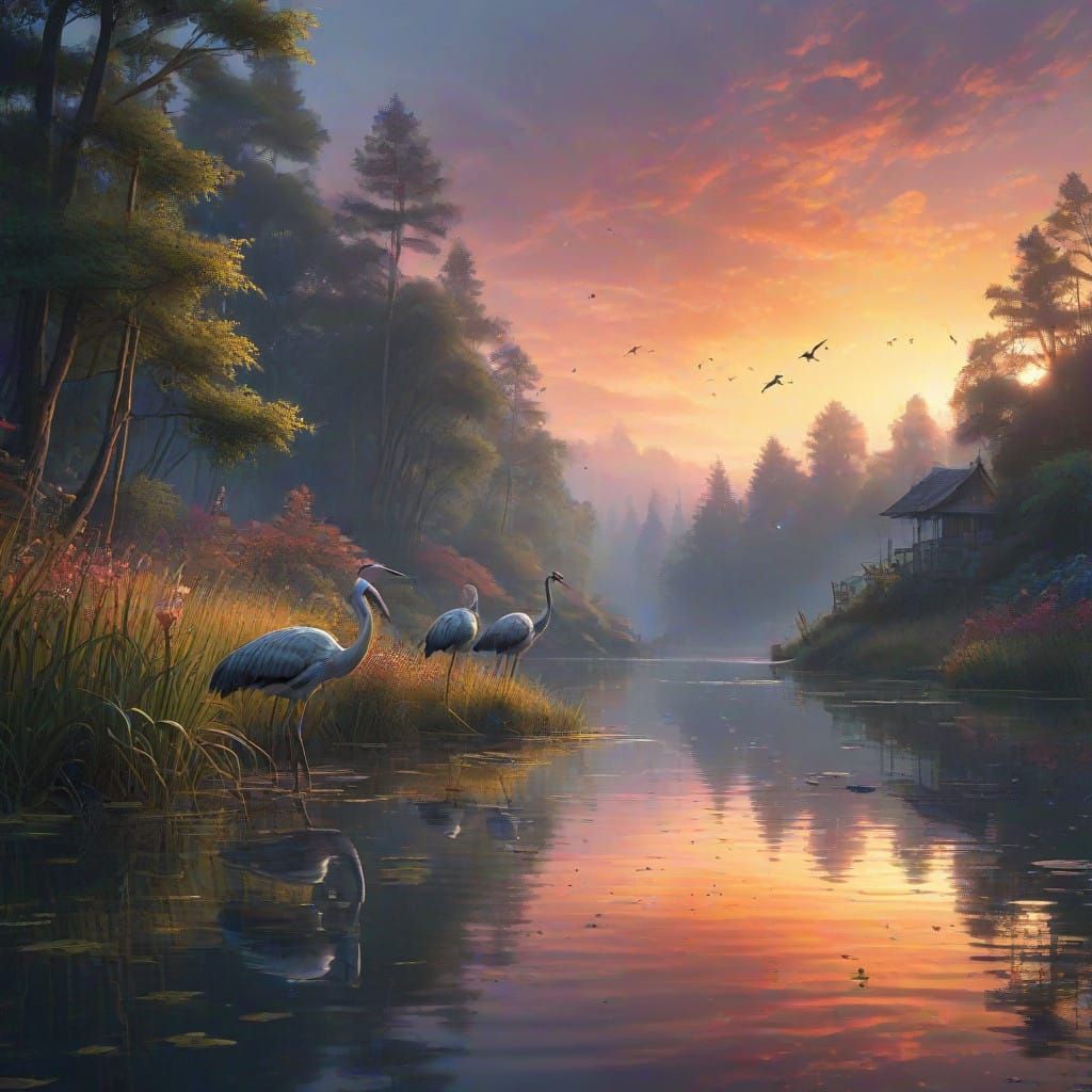 Serene Hyperrealistic Lake Scene with Cranes
