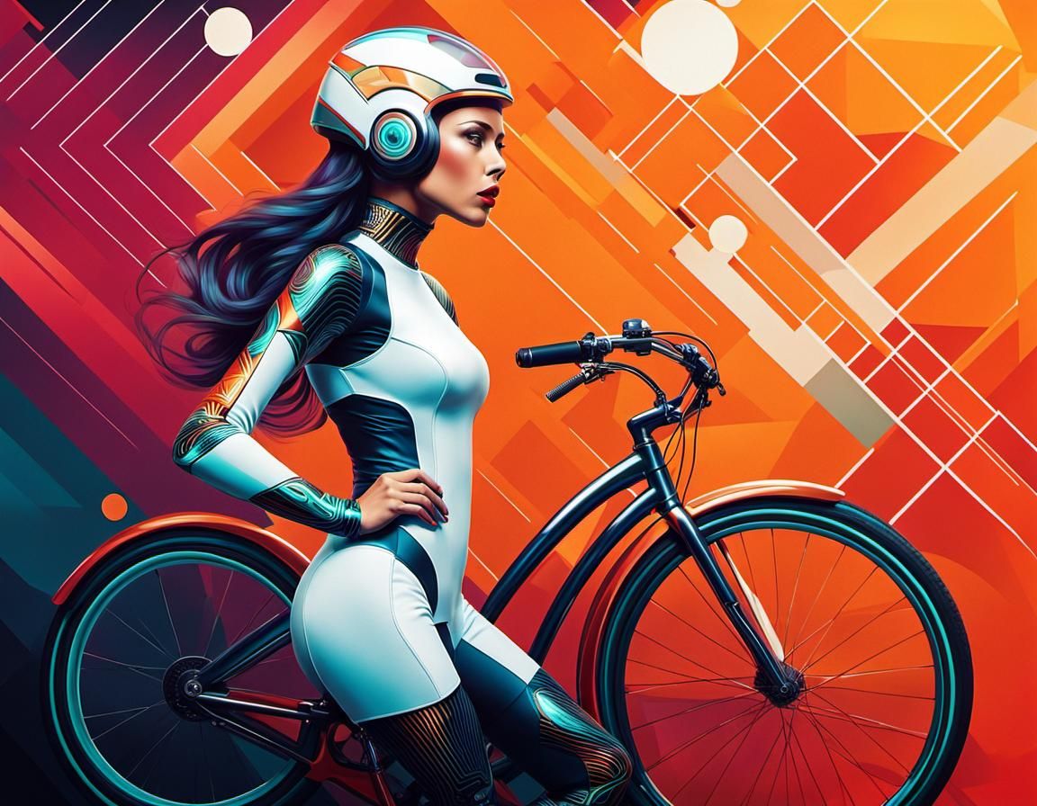 5 images (00): stylized cyborg woman with a vintage bicycle.