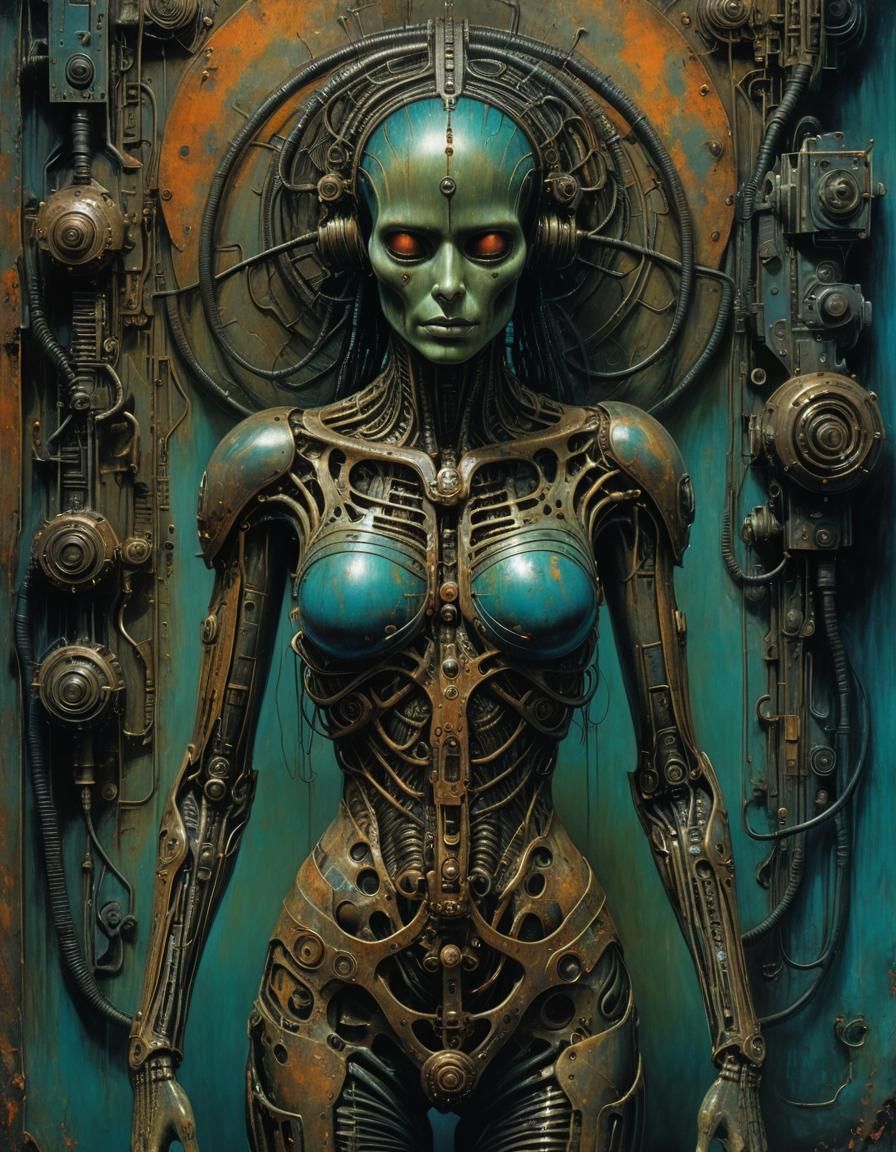 Grotesque Biomechanoid Connected to Projecting Device