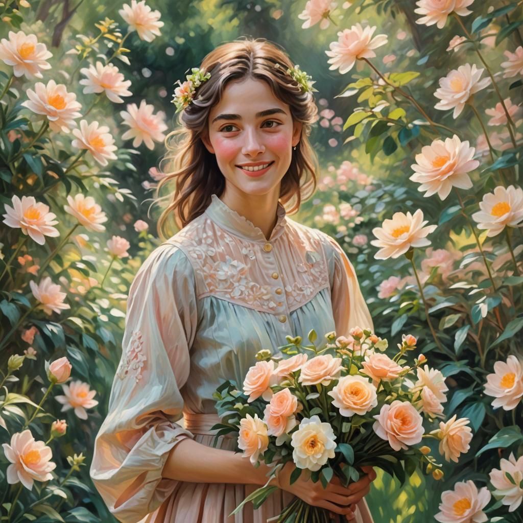 Woman with Flowers in Impressionistic Garden