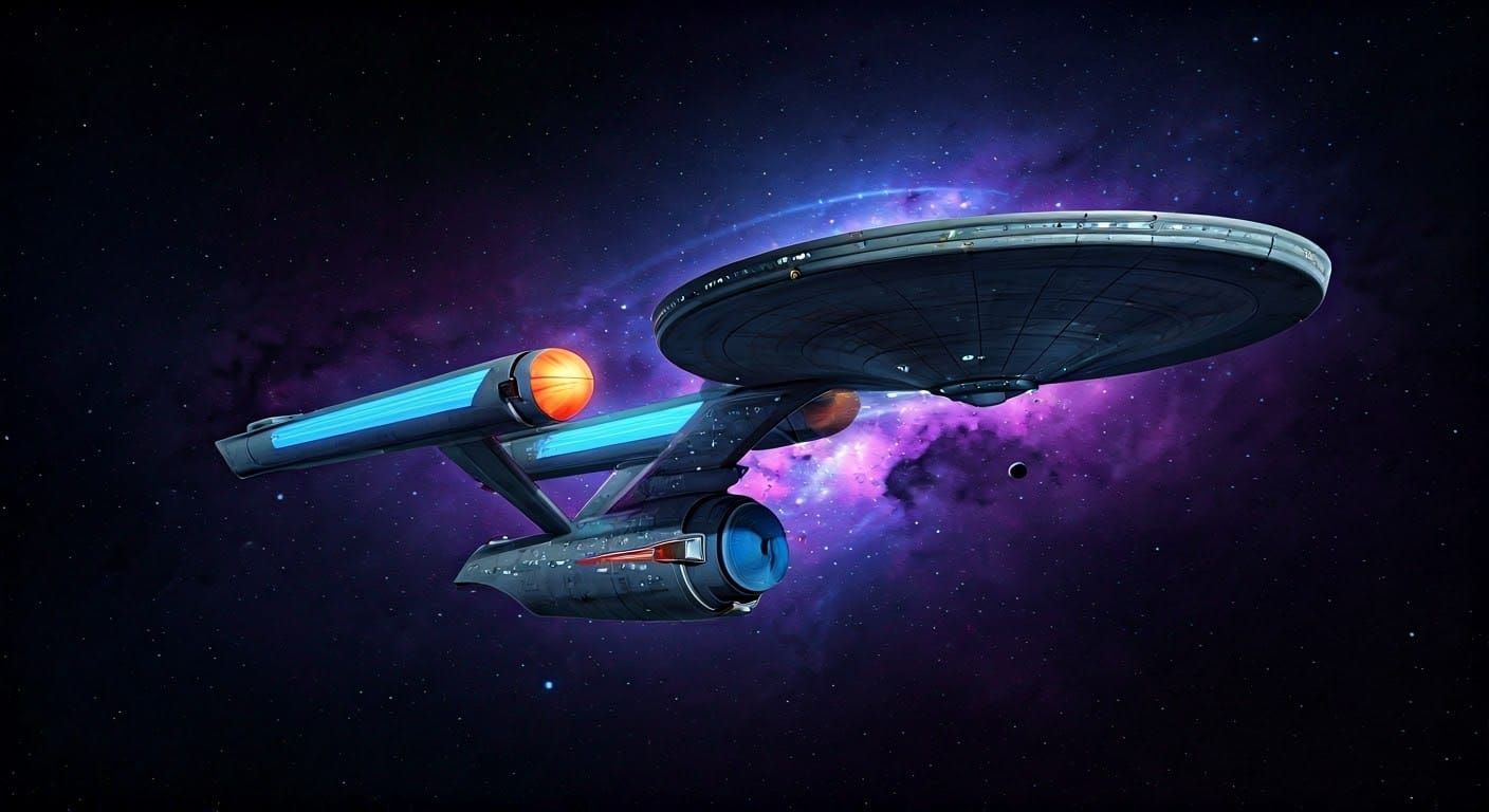 USS Enterprise Soaring Through Deep Purple Galaxy