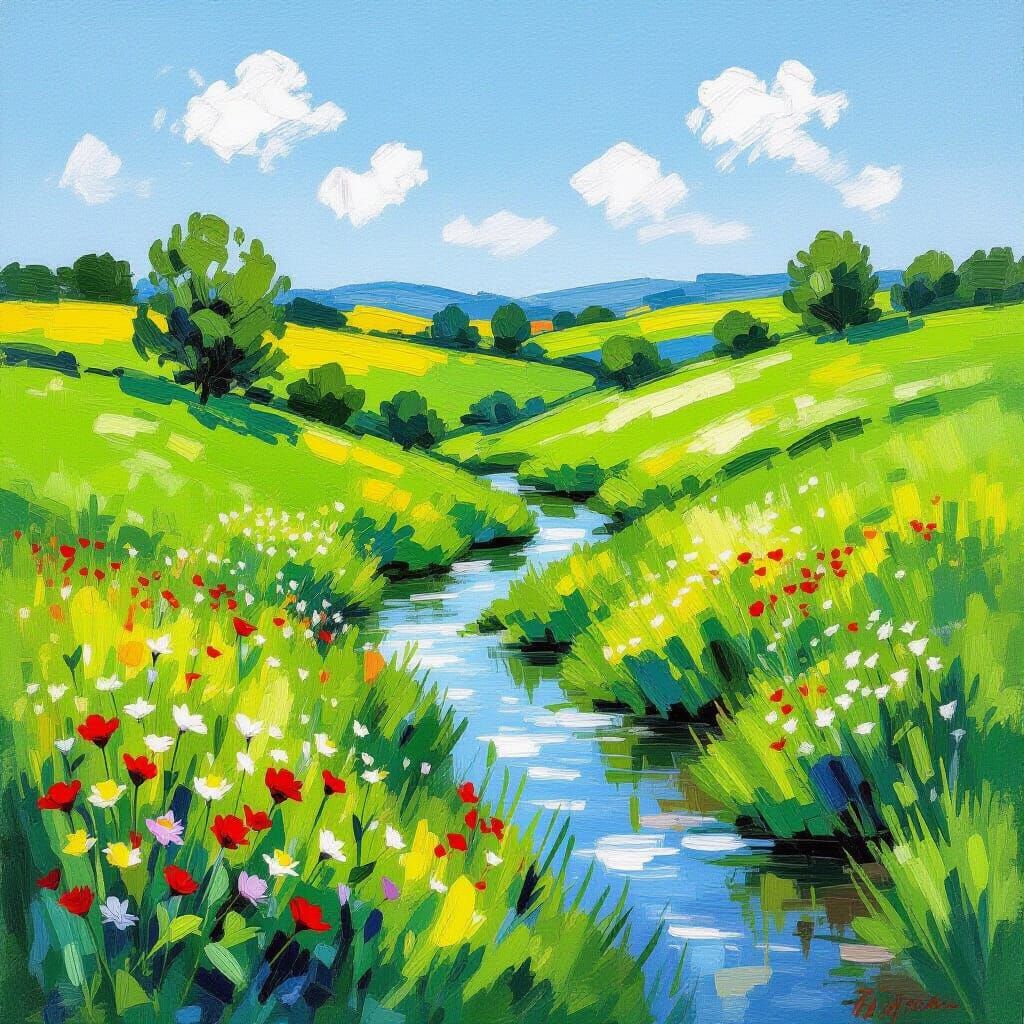 Vibrant Summer Landscape in Chalk Art Style