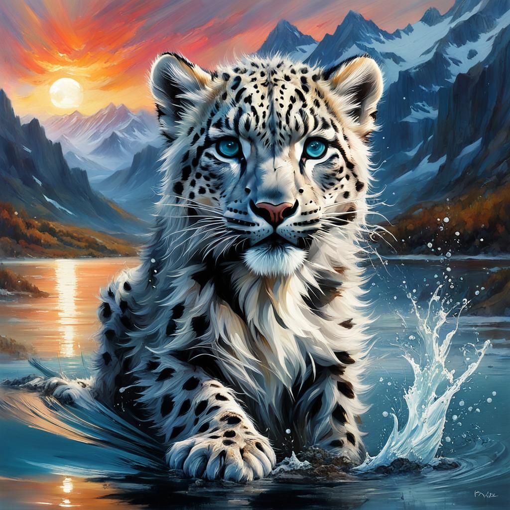 Snow Leopard Cub Splashing: A Detailed Matte Painting