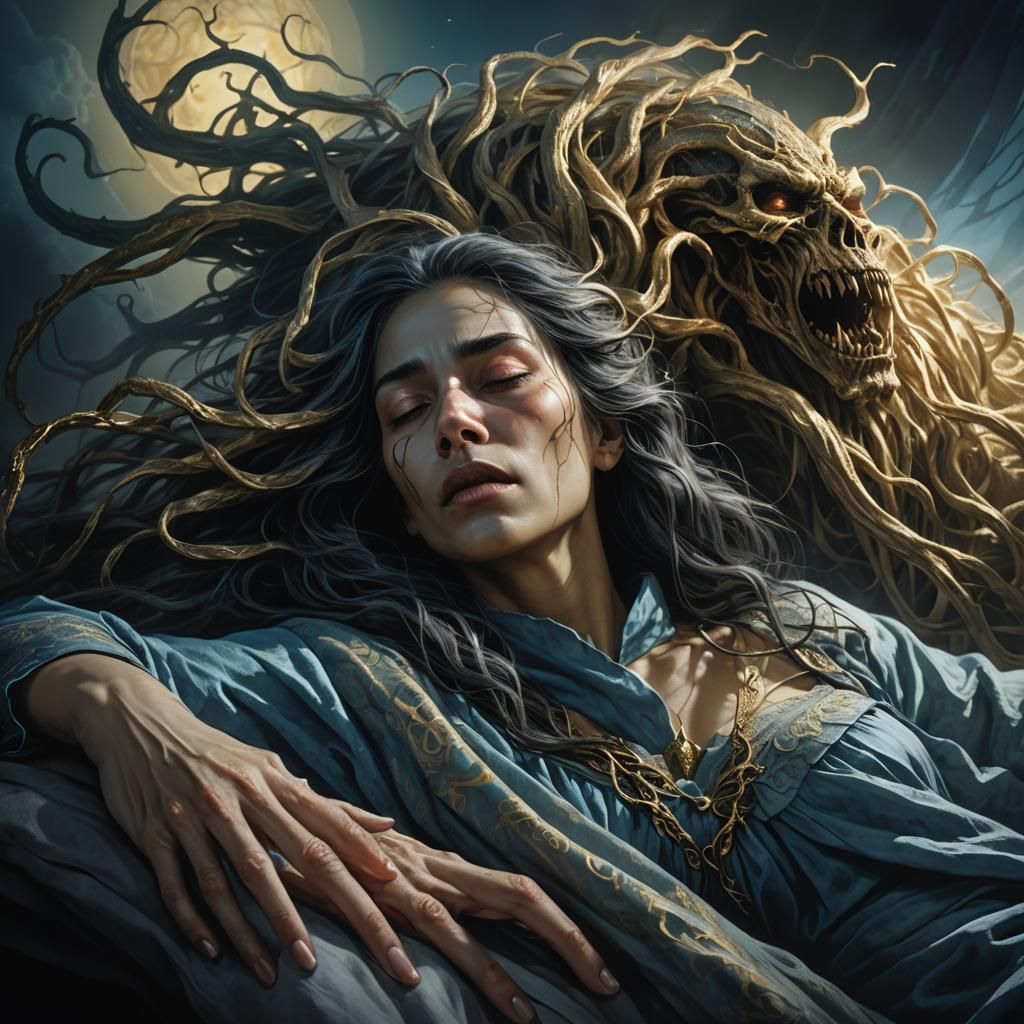 Haunting Dark Fantasy: Woman with Sleep Paralysis Demon