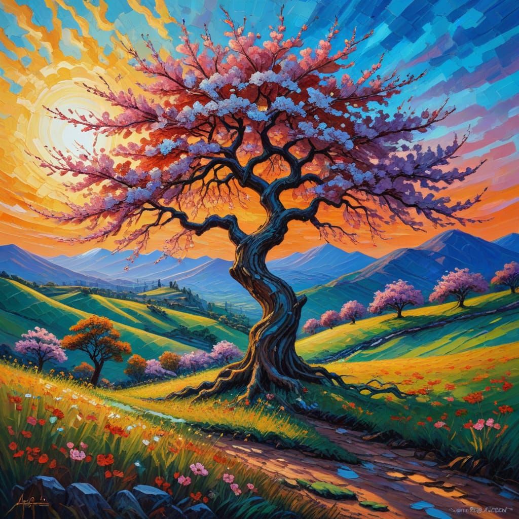 Ancient Cherry Blossom Tree Blossoms in Neo-Impressionist St...