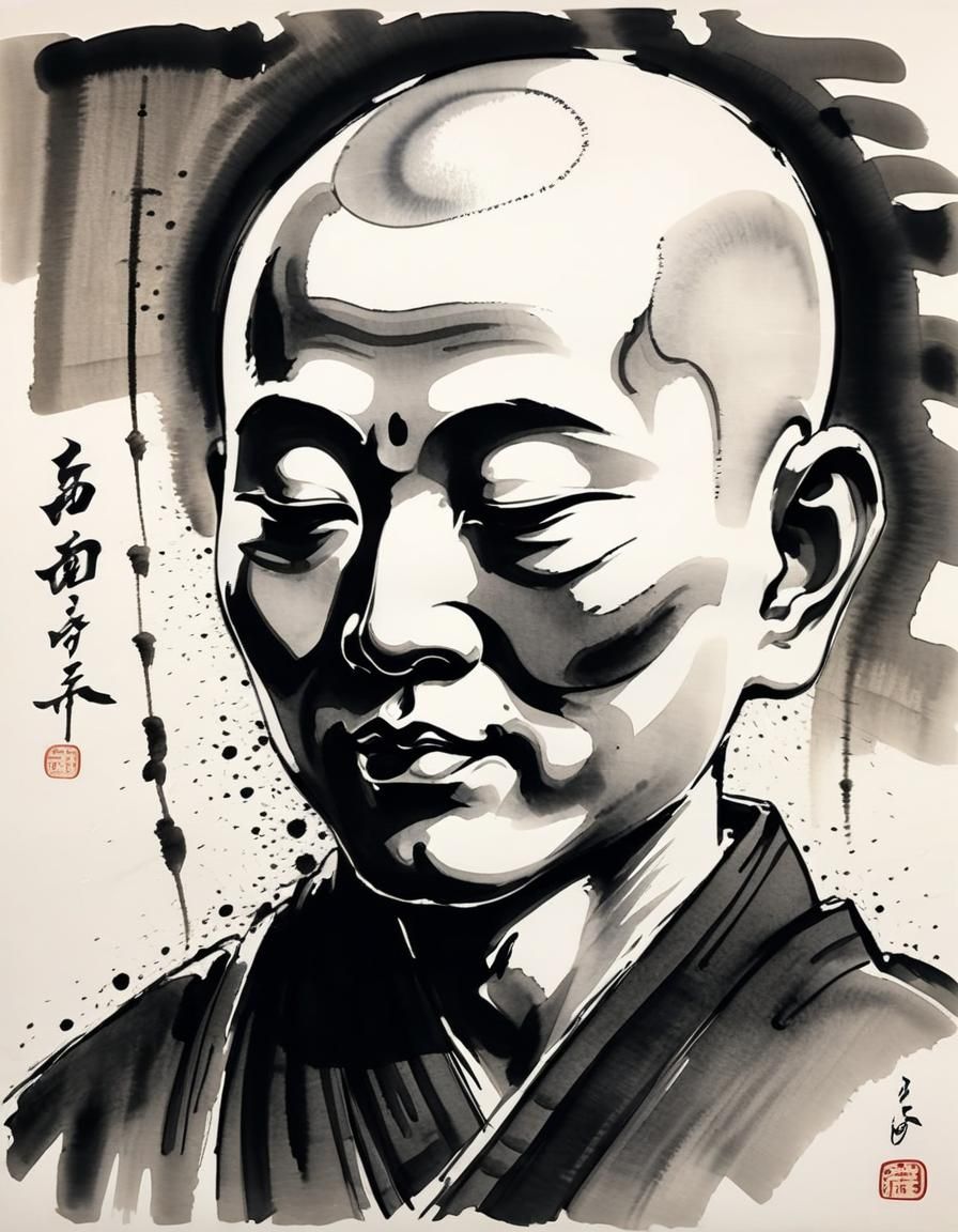 Sumi-e Ink Painting of a Buddhist Monk