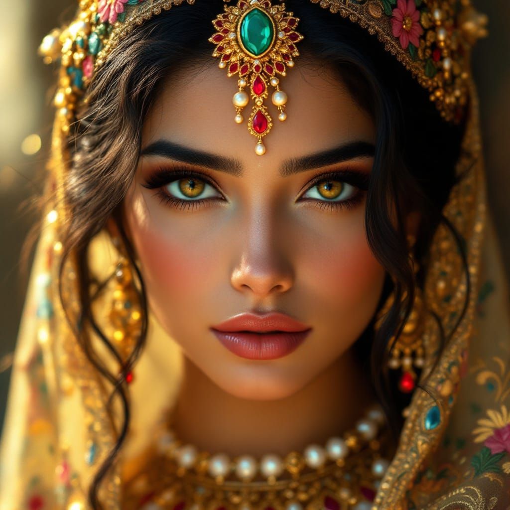 Regal Woman in Ornate Golden Headpiece
