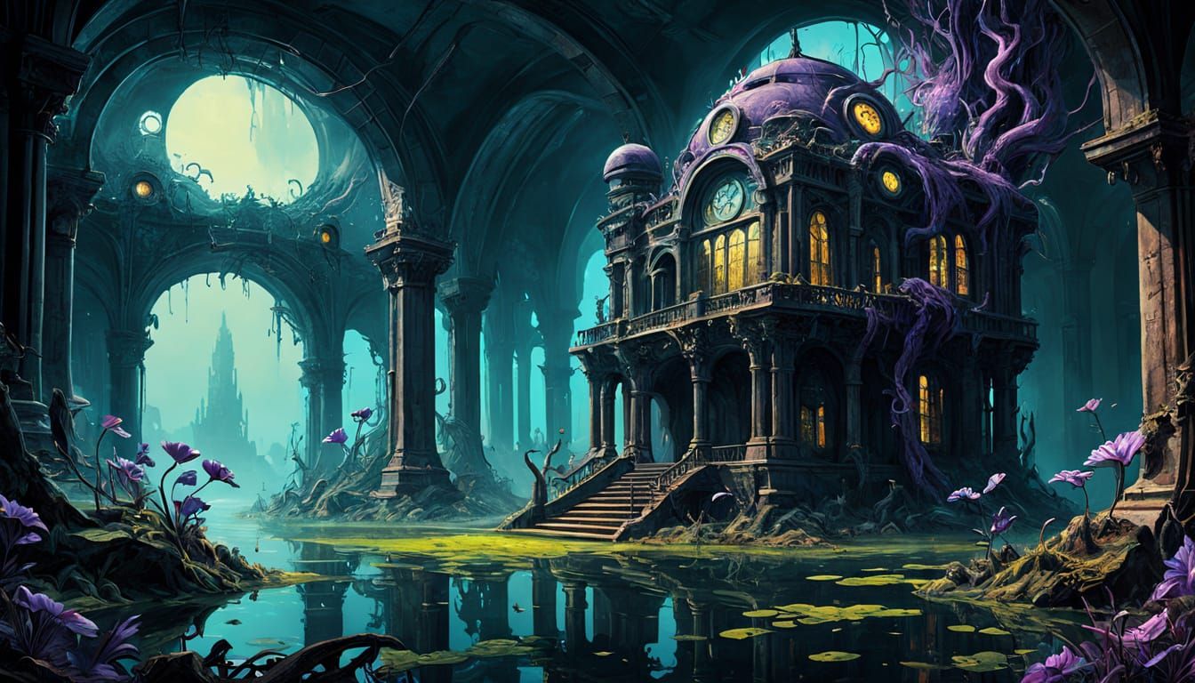 Bioluminescent Swamp Ruin in Ethereal Digital Painting