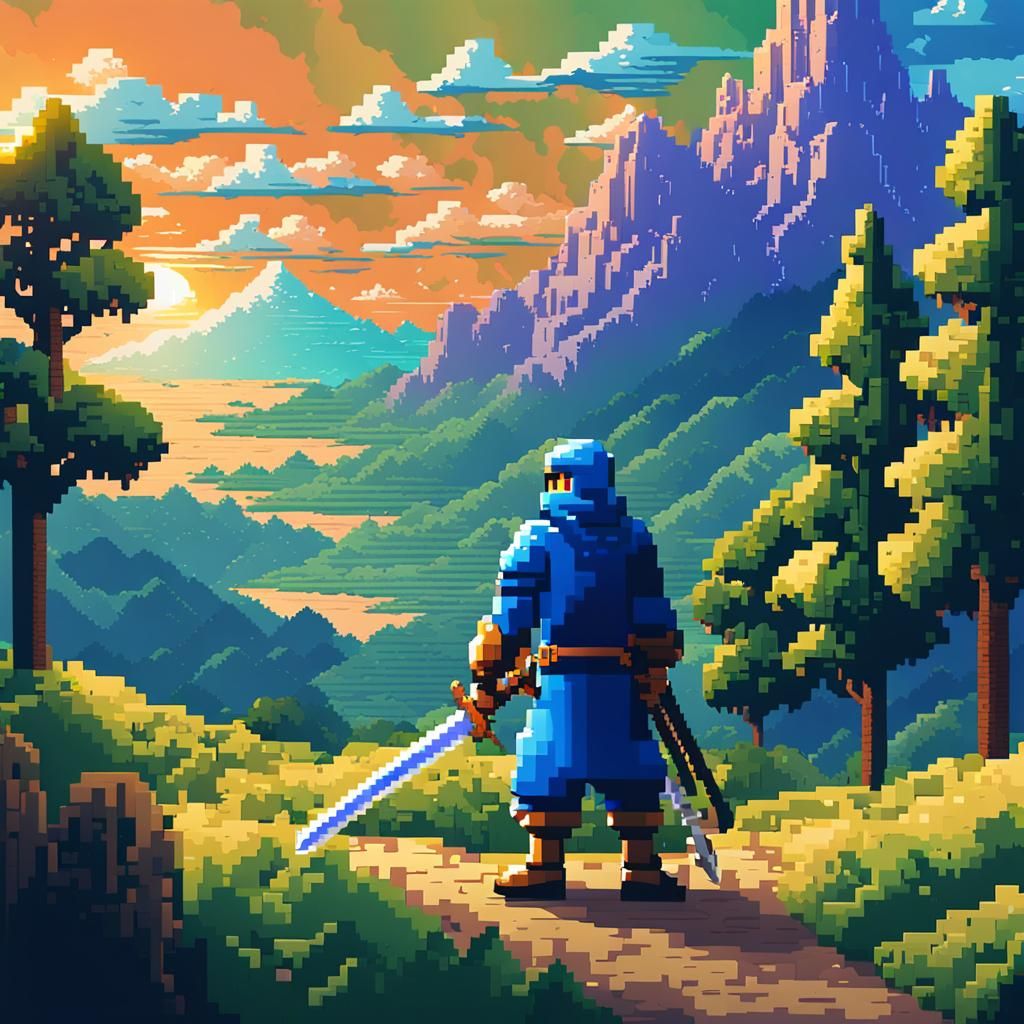 8-Bit Warrior in Fantasy Landscape Pixel Art