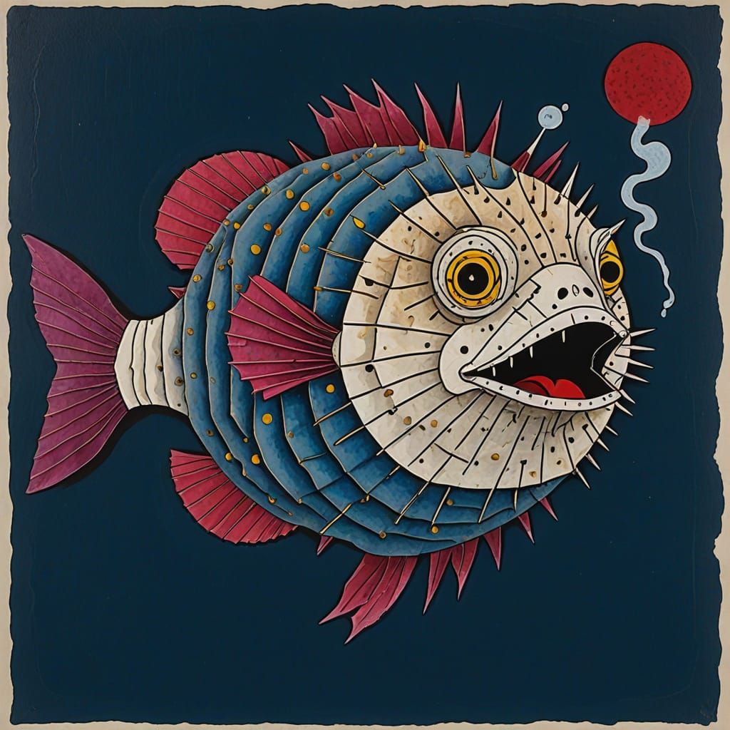 Smoking Puffer Fish in Mixed Media Style