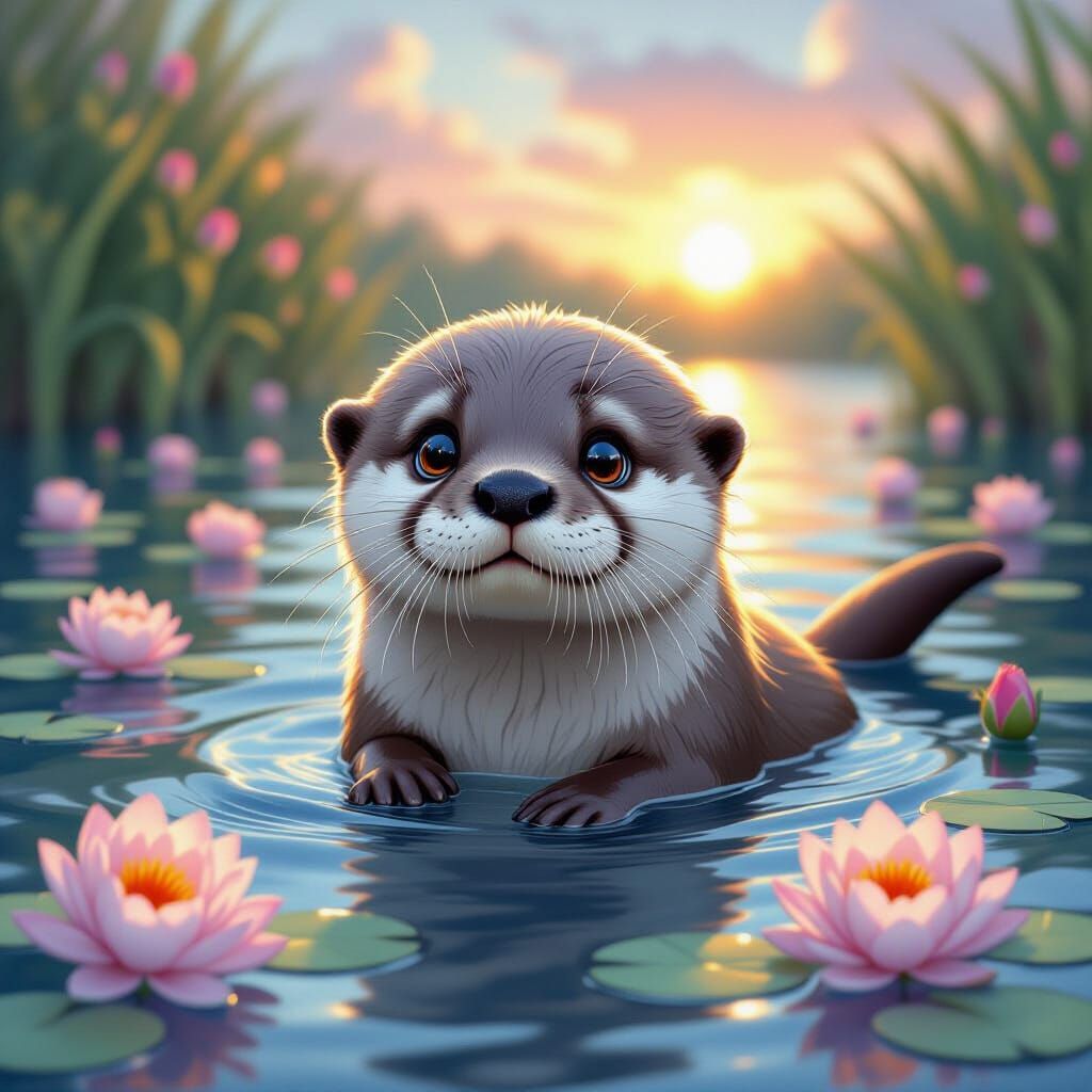 Sad Otter in Anime Style Surrounded by Flowers