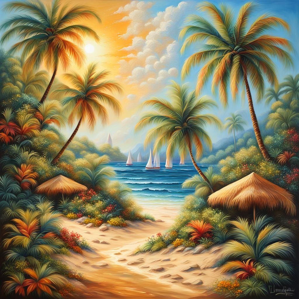 Tropical Island Fantasy in Scratchy Oil Painting Style