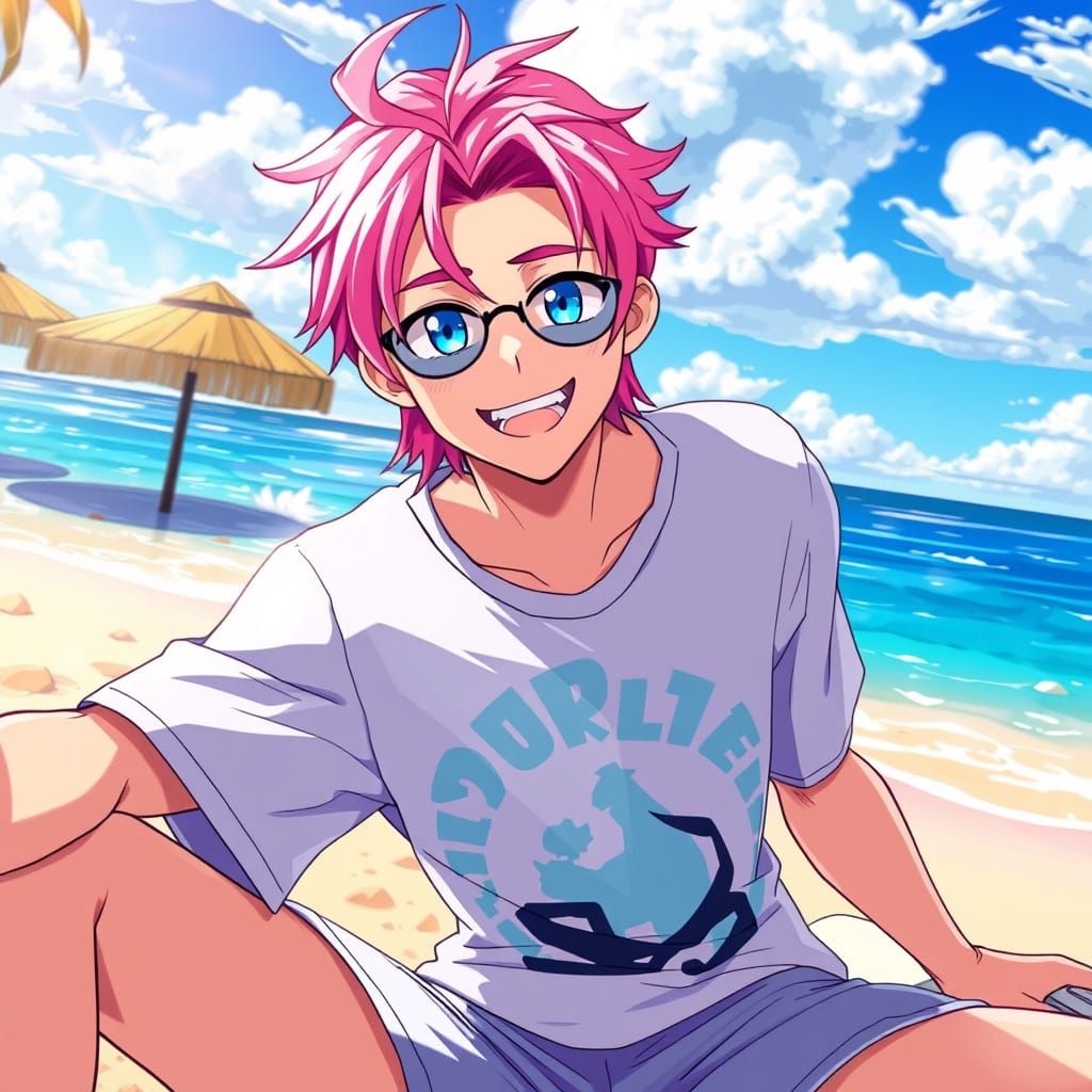 Anime Man Lounging on Beach in Cel-Shaded Style