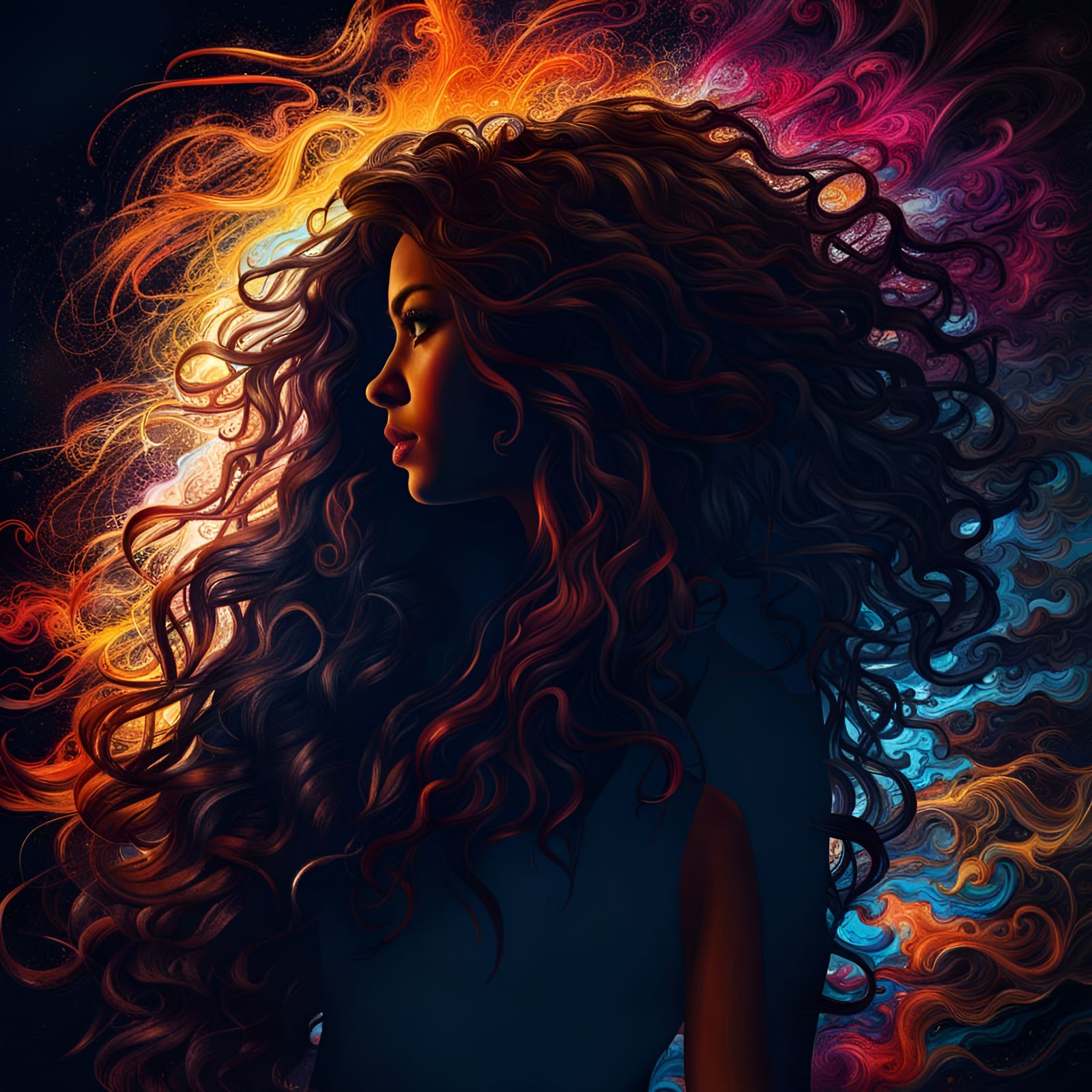 Silhouette of a Girl with Curly Hair in 3D
