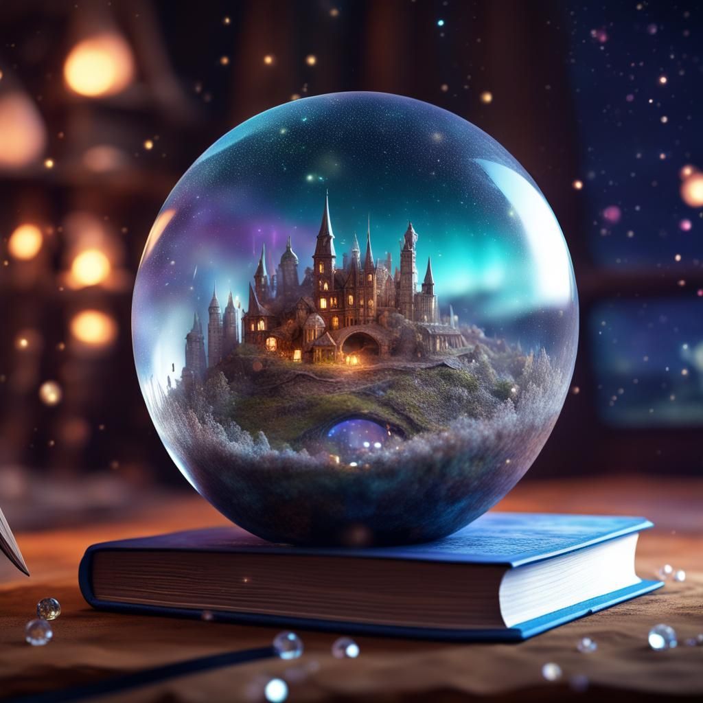 Fairy City in Crystal Orb with Aurora Sky