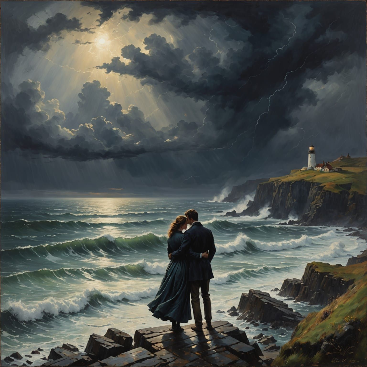 18th Century Lovers Embrace on Stormy Coastline
