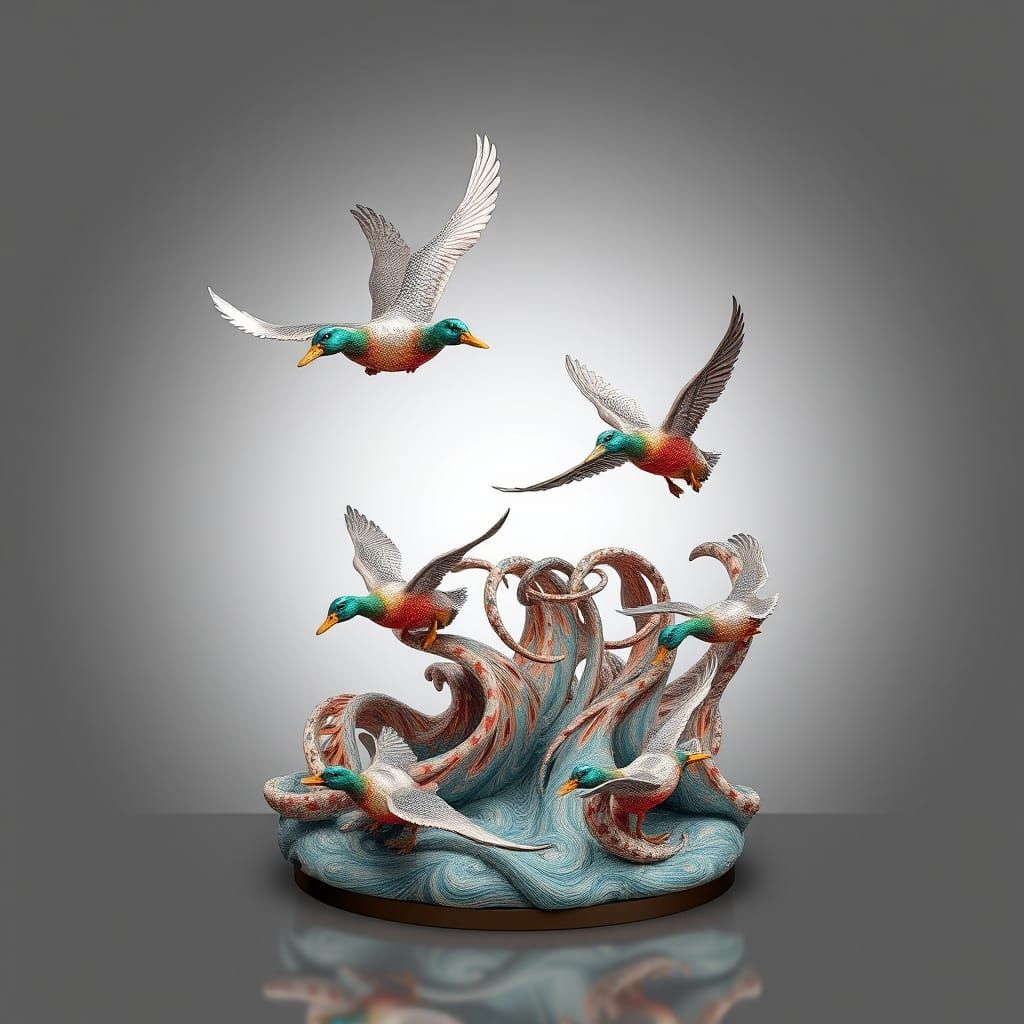 Ducks in Mid-Air Optical Illusion Sculpture