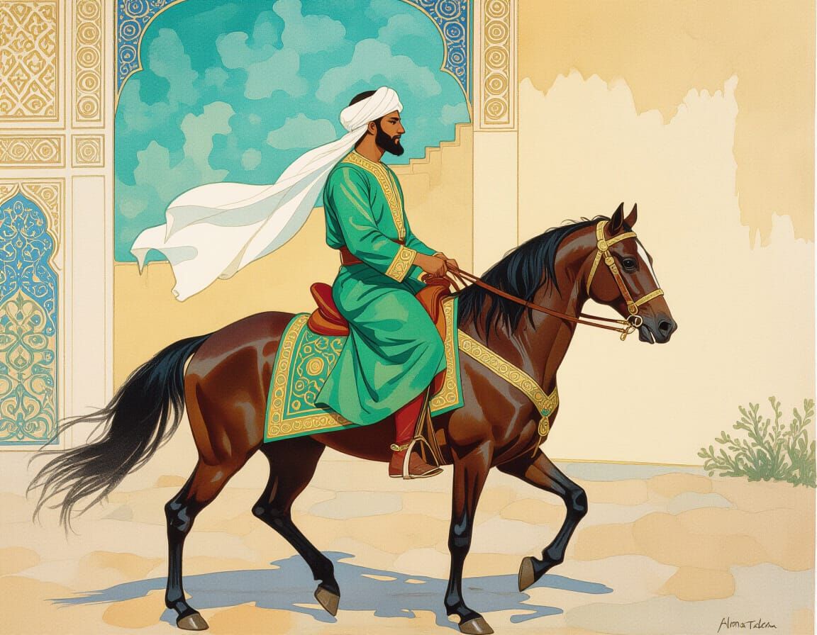 Muslim Prince on Horseback in Vibrant Expressionist Style
