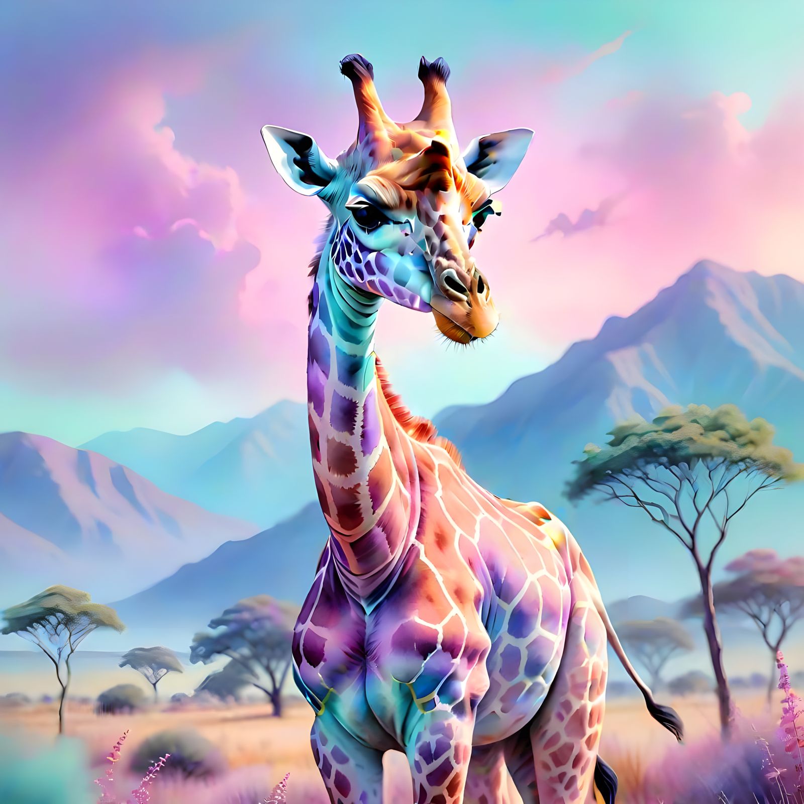 Pastel Giraffe in Majestic Watercolor Landscape
